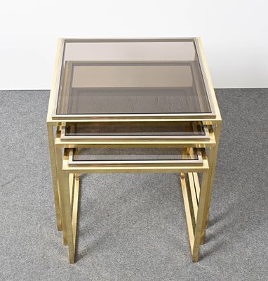 Mid-Century Italian Modern Chrome and Brass Smoked Glass Nesting Tables, 1970s, Set of 3-JDR-1125979