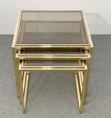 Mid-Century Italian Modern Chrome and Brass Smoked Glass Nesting Tables, 1970s, Set of 3-JDR-1125979