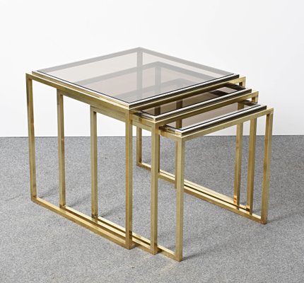 Mid-Century Italian Modern Chrome and Brass Smoked Glass Nesting Tables, 1970s, Set of 3-JDR-1125979