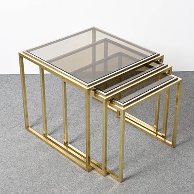 Mid-Century Italian Modern Chrome and Brass Smoked Glass Nesting Tables, 1970s, Set of 3-JDR-1125979