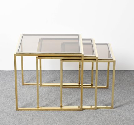 Mid-Century Italian Modern Chrome and Brass Smoked Glass Nesting Tables, 1970s, Set of 3-JDR-1125979