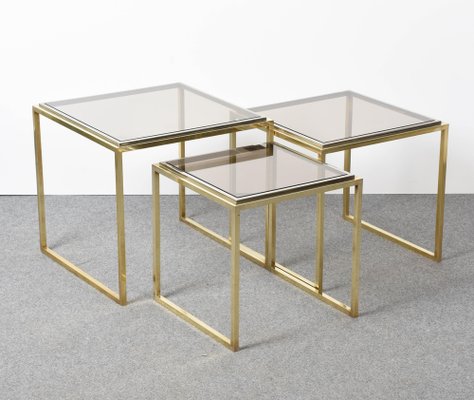 Mid-Century Italian Modern Chrome and Brass Smoked Glass Nesting Tables, 1970s, Set of 3-JDR-1125979