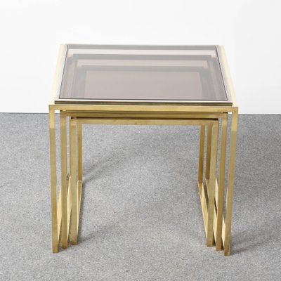 Mid-Century Italian Modern Chrome and Brass Smoked Glass Nesting Tables, 1970s, Set of 3-JDR-1125979