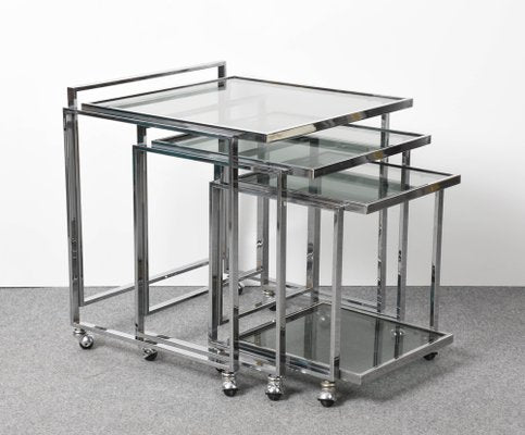 Mid-Century Italian Modern Chrome & Smoked Glass Nesting Tables, 1970s, Set of 3-JDR-1125959