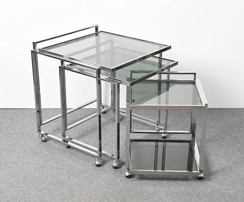 Mid-Century Italian Modern Chrome & Smoked Glass Nesting Tables, 1970s, Set of 3-JDR-1125959