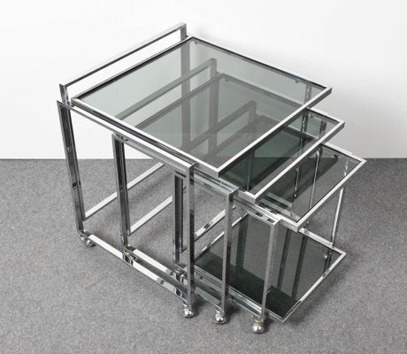 Mid-Century Italian Modern Chrome & Smoked Glass Nesting Tables, 1970s, Set of 3-JDR-1125959