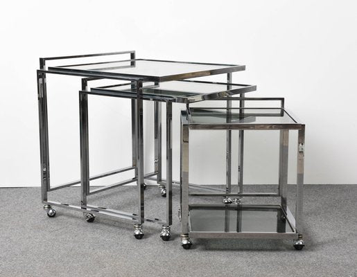 Mid-Century Italian Modern Chrome & Smoked Glass Nesting Tables, 1970s, Set of 3-JDR-1125959