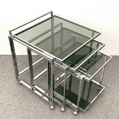 Mid-Century Italian Modern Chrome & Smoked Glass Nesting Tables, 1970s, Set of 3-JDR-1125959