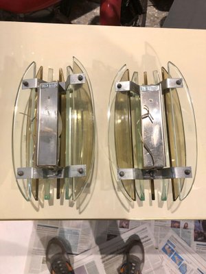 Mid-Century Italian Modern Glass & Metal Wall Sconces from Veca, Set of 2-HQI-1278698