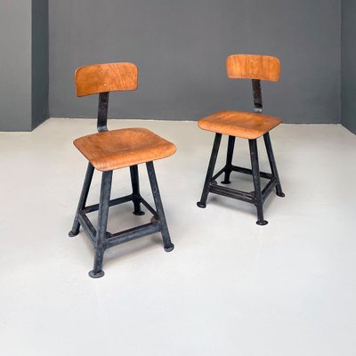 Mid-Century Italian Modern Industrial Iron & Wood Stools, 1960s, Set of 2-GDD-1344892