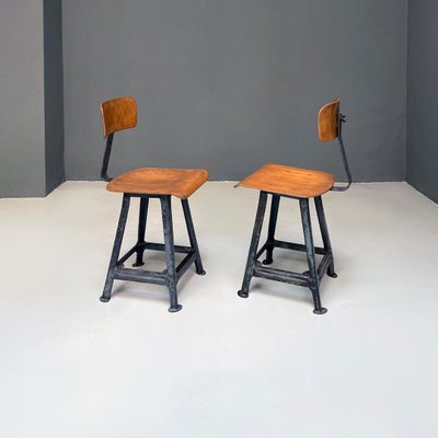 Mid-Century Italian Modern Industrial Iron & Wood Stools, 1960s, Set of 2-GDD-1344892