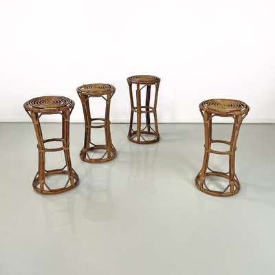 Mid-Century Italian Modern Round Rattan High Bar Stools, 1960s, Set of 4-GDD-1784812