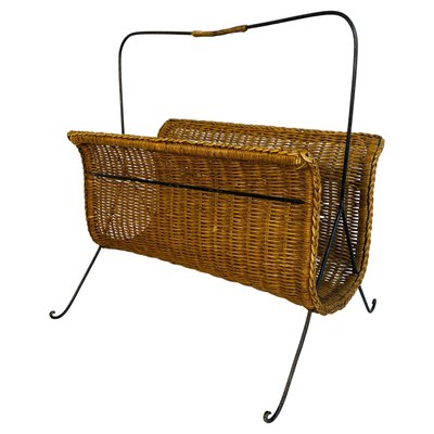 Mid-Century Italian Modern Straw Magazine Rack with Metal Structure, 1970s-GDD-1120736