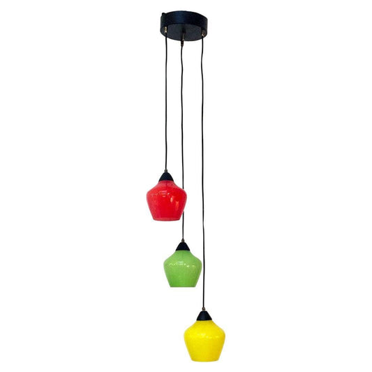 Mid-Century Italian Modern Three-Light Pendant with Colored Glass, 1950s