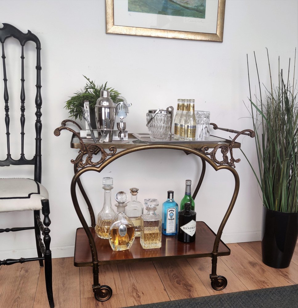 Mid-Century Italian Modern Two-Tier Gilt Brass Bar Cart