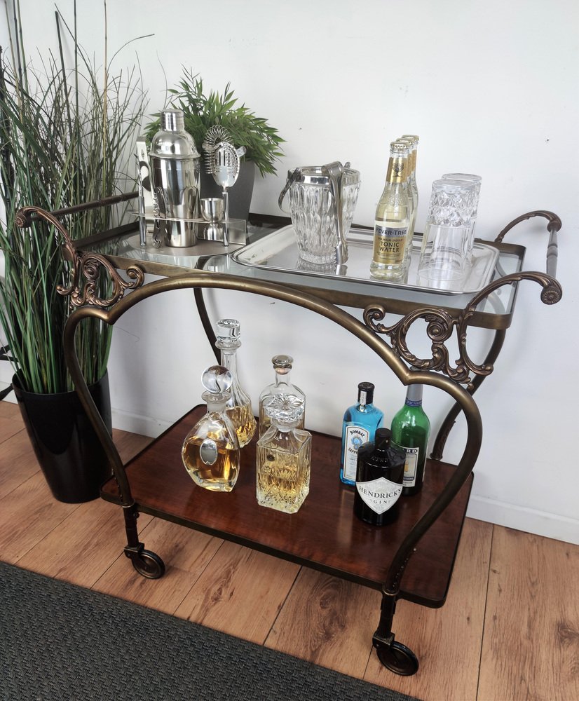 Mid-Century Italian Modern Two-Tier Gilt Brass Bar Cart