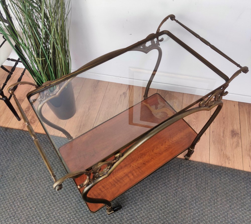 Mid-Century Italian Modern Two-Tier Gilt Brass Bar Cart