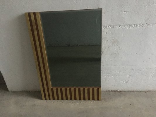 Mid-Century Italian Modern Wall Cut-Edge Smoked Mirror With Wood & Brass Sectional Frame, 1970s-DHH-1186493