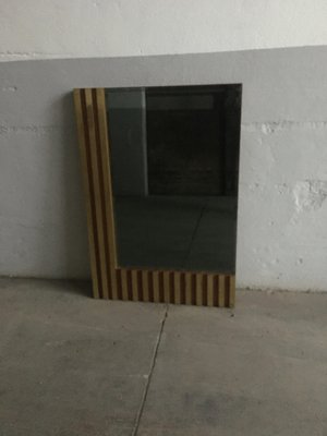 Mid-Century Italian Modern Wall Cut-Edge Smoked Mirror With Wood & Brass Sectional Frame, 1970s-DHH-1186493