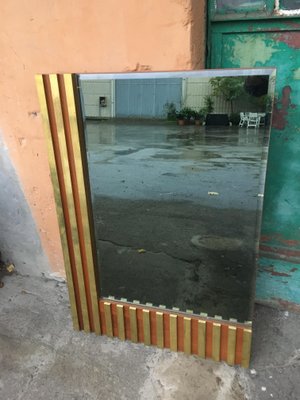 Mid-Century Italian Modern Wall Cut-Edge Smoked Mirror With Wood & Brass Sectional Frame, 1970s-DHH-1186493