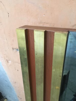 Mid-Century Italian Modern Wall Cut-Edge Smoked Mirror With Wood & Brass Sectional Frame, 1970s-DHH-1186493