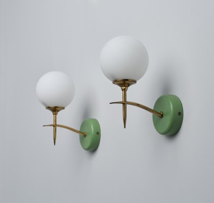 Mid-Century Italian Modern Wall Sconces with Opaline Glass and Green Brass Mounts, 1950s, Set of 2-KJ-2020662