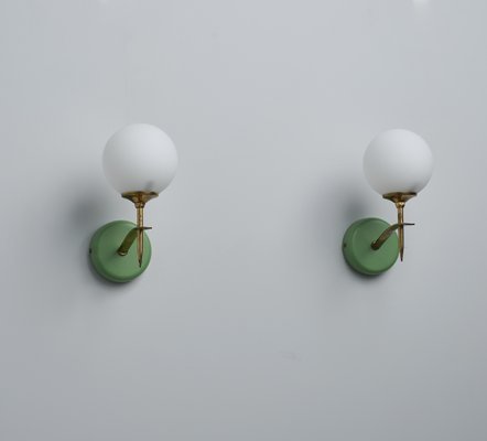 Mid-Century Italian Modern Wall Sconces with Opaline Glass and Green Brass Mounts, 1950s, Set of 2-KJ-2020662