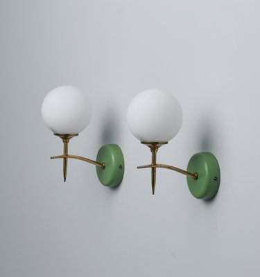 Mid-Century Italian Modern Wall Sconces with Opaline Glass and Green Brass Mounts, 1950s, Set of 2-KJ-2020662