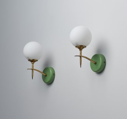 Mid-Century Italian Modern Wall Sconces with Opaline Glass and Green Brass Mounts, 1950s, Set of 2-KJ-2020662