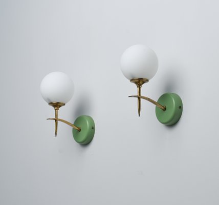 Mid-Century Italian Modern Wall Sconces with Opaline Glass and Green Brass Mounts, 1950s, Set of 2-KJ-2020662