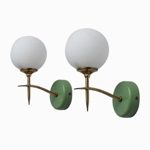 Mid-Century Italian Modern Wall Sconces with Opaline Glass and Green Brass Mounts, 1950s, Set of 2-KJ-2020662