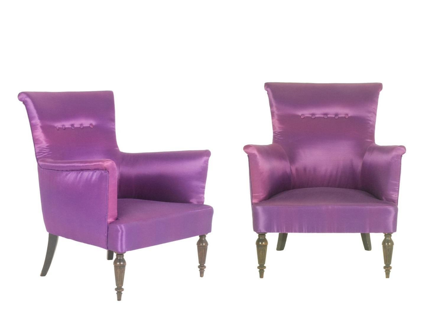 Mid-Century Italian Modern Wood & Purple Fabric Armchairs in the style of Cesare Lacca, 1950s, Set of 2