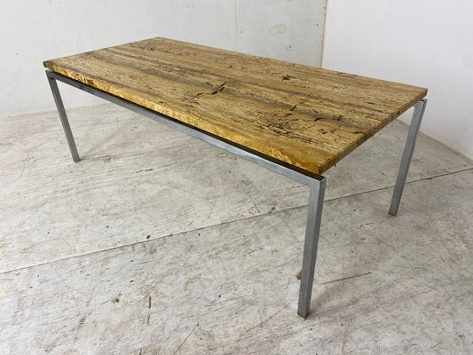 Mid-Century Italian Modernist Traverine & Chromed Metal Coffee Table, 1950s-DE-1137159