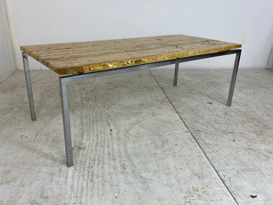 Mid-Century Italian Modernist Traverine & Chromed Metal Coffee Table, 1950s-DE-1137159