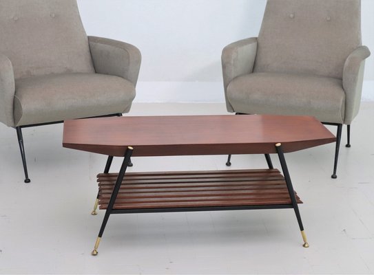 Mid-Century Italian Octagonal Coffee Table in Mahogany Veneer with Brass Details-VNE-1319972