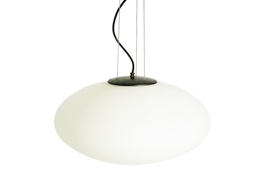 Mid-Century Italian Opaline Glass, Brass & Black Metal Pendant Light, 1960s-RD-1388508