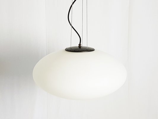 Mid-Century Italian Opaline Glass, Brass & Black Metal Pendant Light, 1960s-RD-1388508