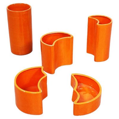 Mid-Century Italian Orange Ceramic Cylindrical Half-Moon Vases, 1970s, Set of 5-GDD-1193004