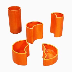 Mid-Century Italian Orange Ceramic Cylindrical Half-Moon Vases, 1970s, Set of 5-GDD-1193004