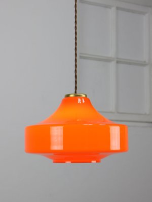 Mid-Century Italian Orange Glass & Brass Pendant Lamp-HGJ-1787639