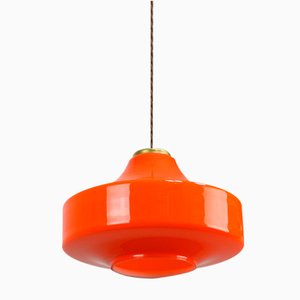 Mid-Century Italian Orange Glass & Brass Pendant Lamp-HGJ-1787639