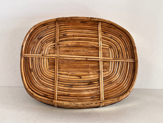 Mid-Century Italian Organic Serving Tray in Natural Rattan and Brass, 1970s