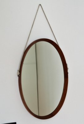 Mid-Century Italian Oval Teak Wall Mirror with Cord Hanging, 1960s-VNE-981523