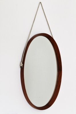 Mid-Century Italian Oval Teak Wall Mirror with Cord Hanging, 1960s-VNE-981523