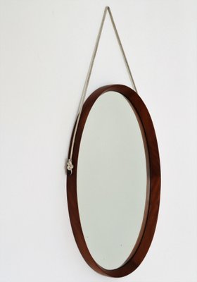 Mid-Century Italian Oval Teak Wall Mirror with Cord Hanging, 1960s-VNE-981523