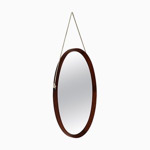 Mid-Century Italian Oval Teak Wall Mirror with Cord Hanging, 1960s-VNE-981523