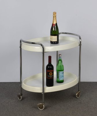 Mid-Century Italian Oval White Plastic and Metal Chrome Bar Cart, 1950s-JDR-1125643