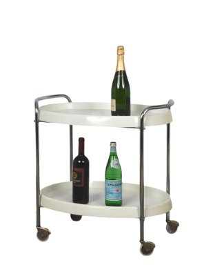 Mid-Century Italian Oval White Plastic and Metal Chrome Bar Cart, 1950s-JDR-1125643