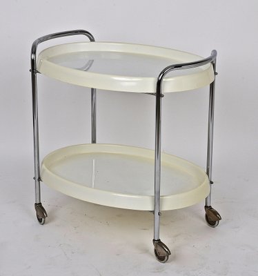 Mid-Century Italian Oval White Plastic and Metal Chrome Bar Cart, 1950s-JDR-1125643