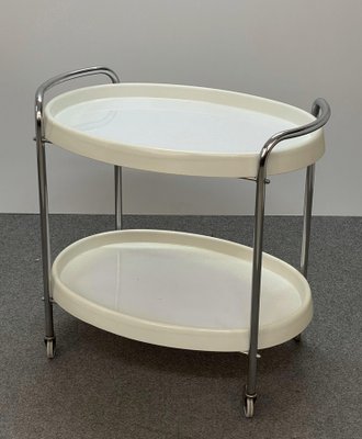 Mid-Century Italian Oval White Plastic and Metal Chrome Bar Cart, 1950s-JDR-1125643